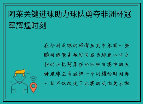 阿莱关键进球助力球队勇夺非洲杯冠军辉煌时刻 阿莱关键进球助力球队勇夺非洲杯冠军辉煌时刻