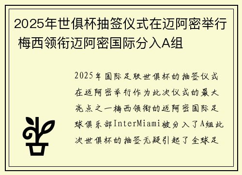 2025年世俱杯抽签仪式在迈阿密举行 梅西领衔迈阿密国际分入A组